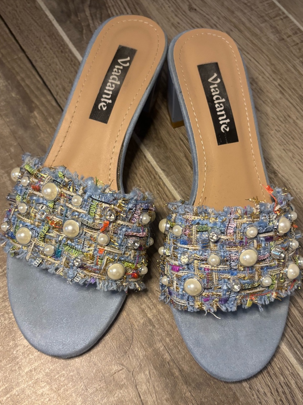 Blue Tweed Slide Mules with Pearl & Crystal Accents size 38 bought in Italy